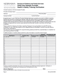 Document preview: Child Care Subsidy Provider Health & Safety Training Verification Form - Nebraska