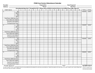 Document preview: Child Care Center Attendance Calendar - Nebraska
