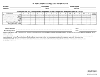 Document preview: In-home (License Exempt) Attendance Calendar - Nebraska