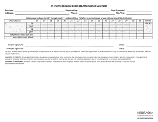 In-home (License Exempt) Attendance Calendar - Nebraska, Page 2