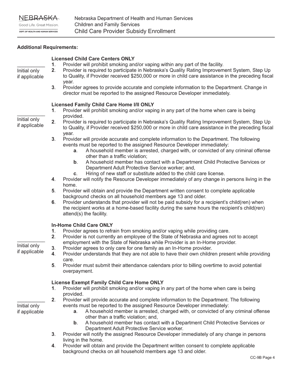 Form CC-9B Child Care Provider Subsidy Enrollment - Nebraska, Page 4
