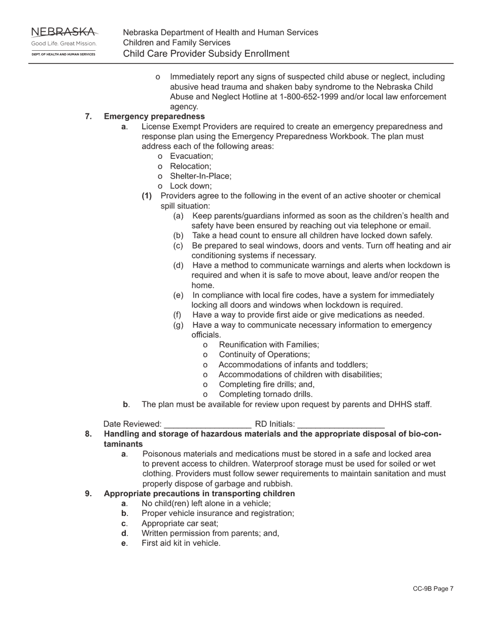 Form CC-9B Child Care Provider Subsidy Enrollment - Nebraska, Page 7