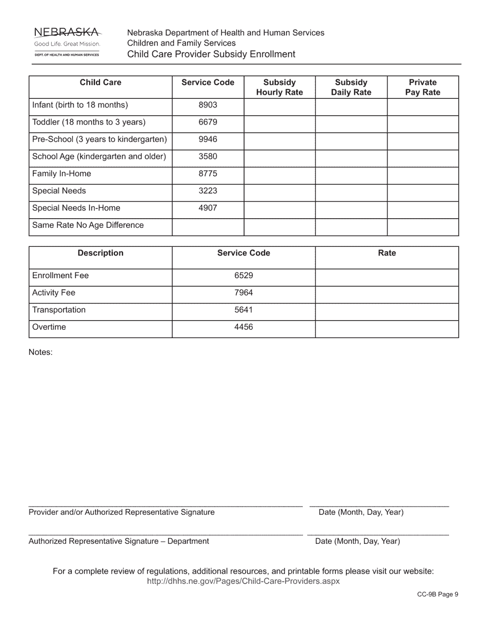 Form CC-9B Child Care Provider Subsidy Enrollment - Nebraska, Page 9