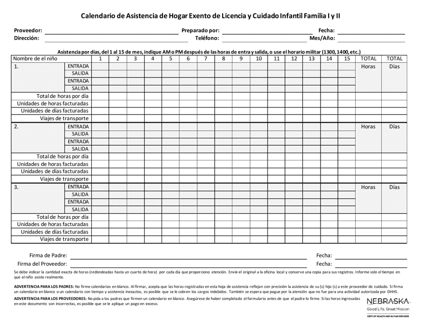 Calendario De Asistencia De Hogar Exento De Licencia Y Cuidado Infantil Familia I Y Ii - Nebraska (Spanish) Download Pdf