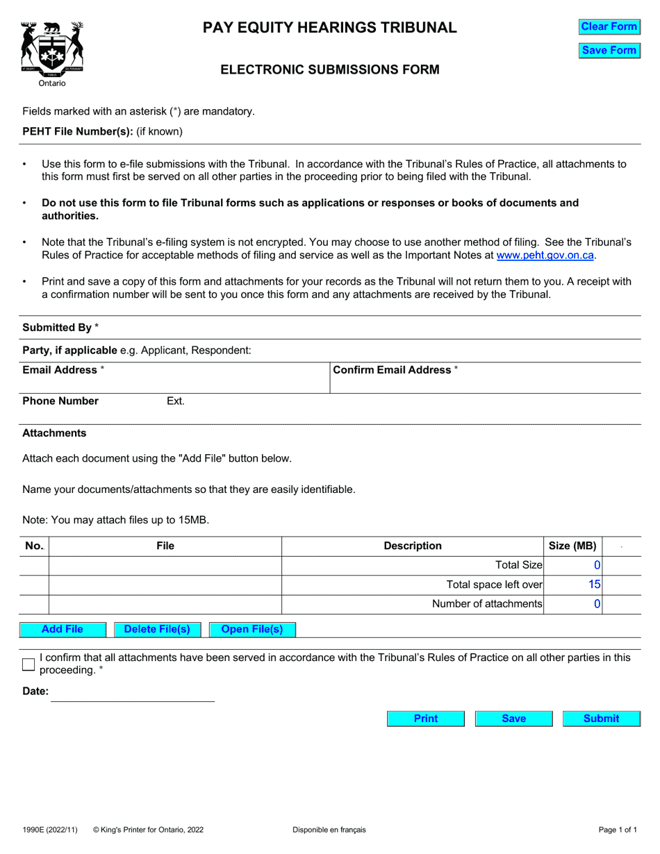 Form 1990E Electronic Submissions Form - Ontario, Canada, Page 1