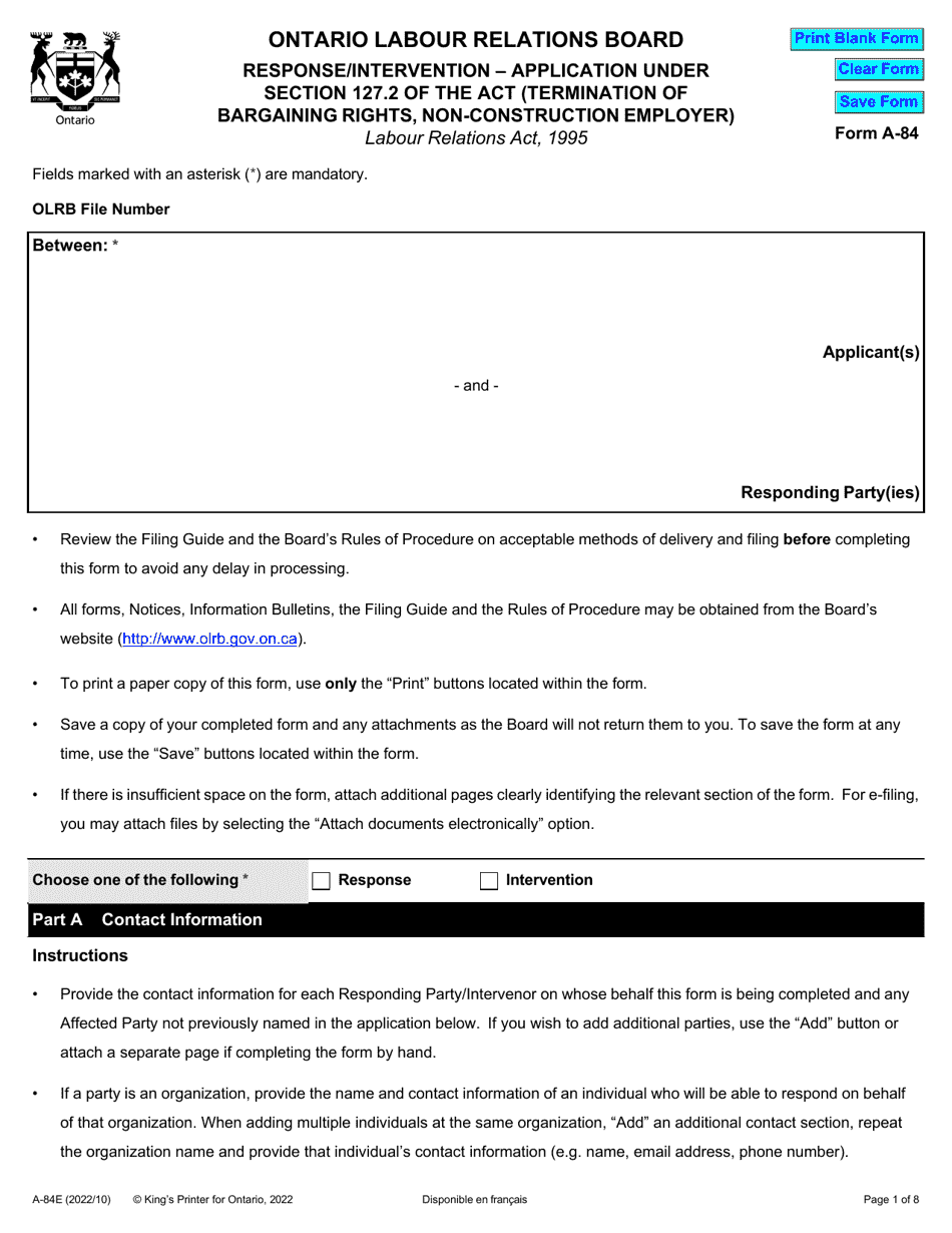 Form A-84 Response / Intervention - Application Under Section 127.2 of the Act (Termination of Bargaining Rights, Non-construction Employer) - Ontario, Canada, Page 1