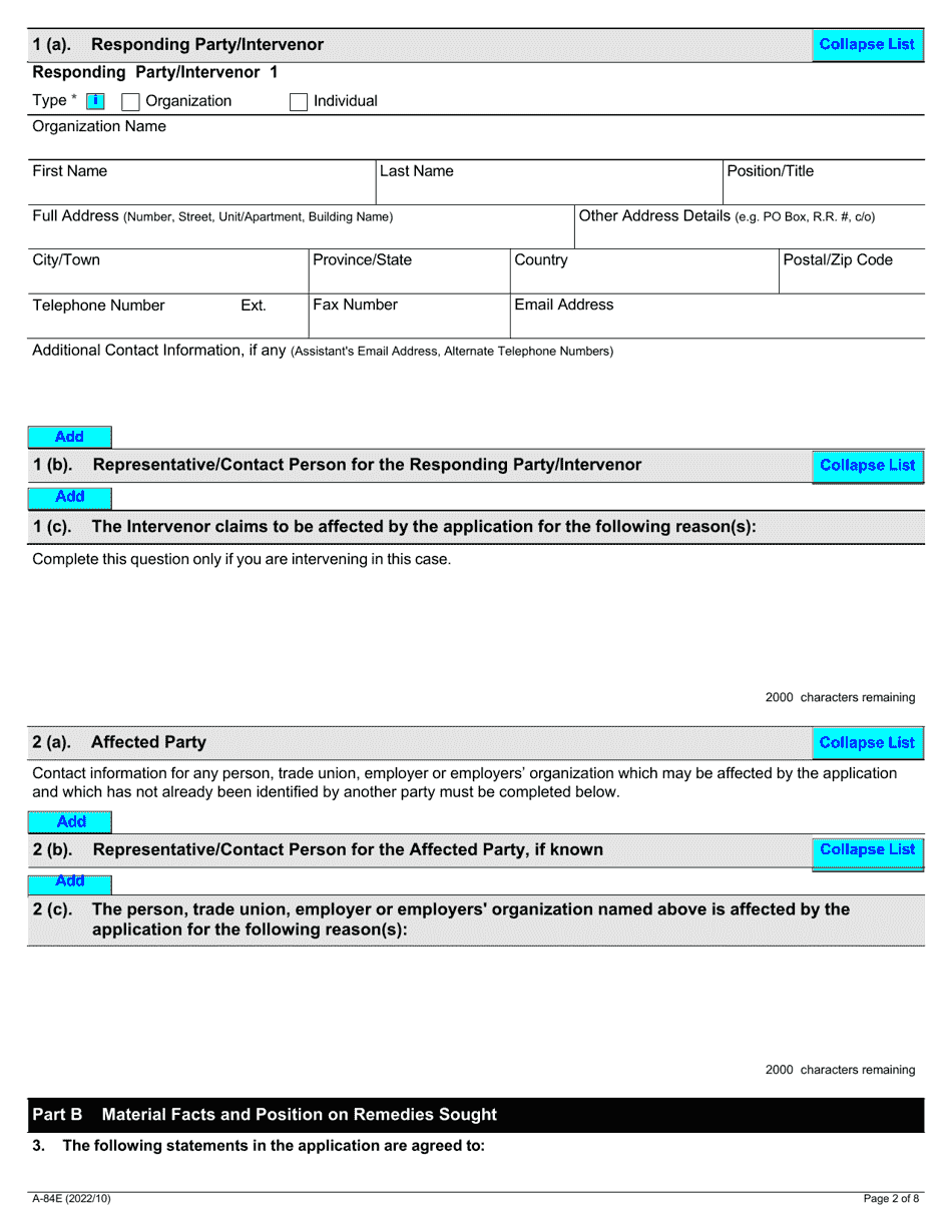 Form A-84 Response / Intervention - Application Under Section 127.2 of the Act (Termination of Bargaining Rights, Non-construction Employer) - Ontario, Canada, Page 2