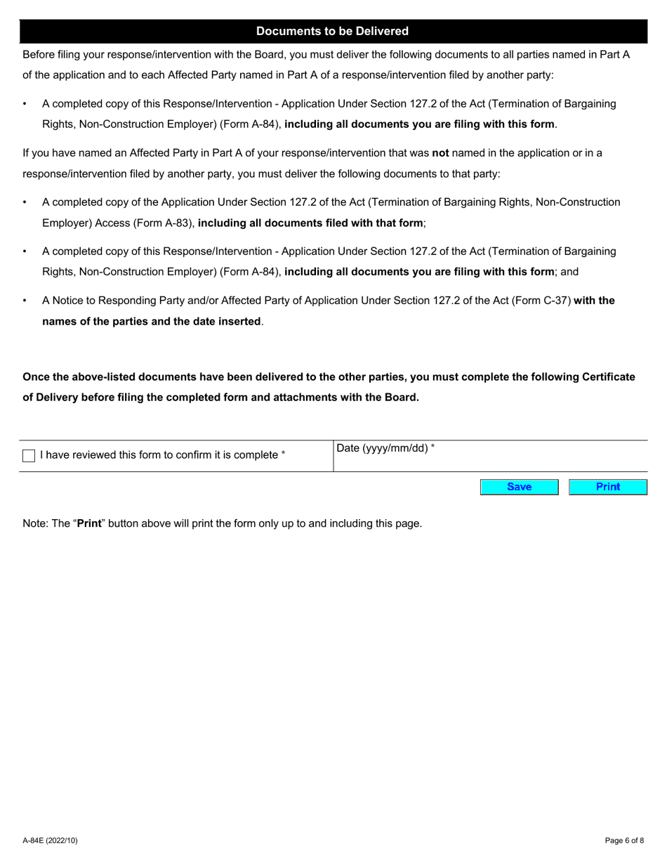 Form A-84 Response / Intervention - Application Under Section 127.2 of the Act (Termination of Bargaining Rights, Non-construction Employer) - Ontario, Canada, Page 6