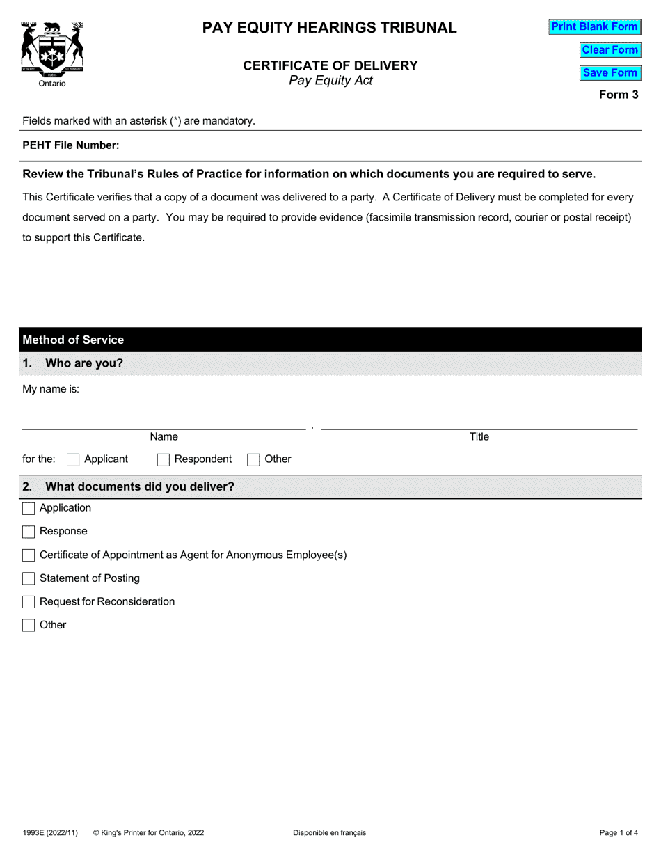 Form 3 (1993E) Certificate of Delivery - Ontario, Canada, Page 1
