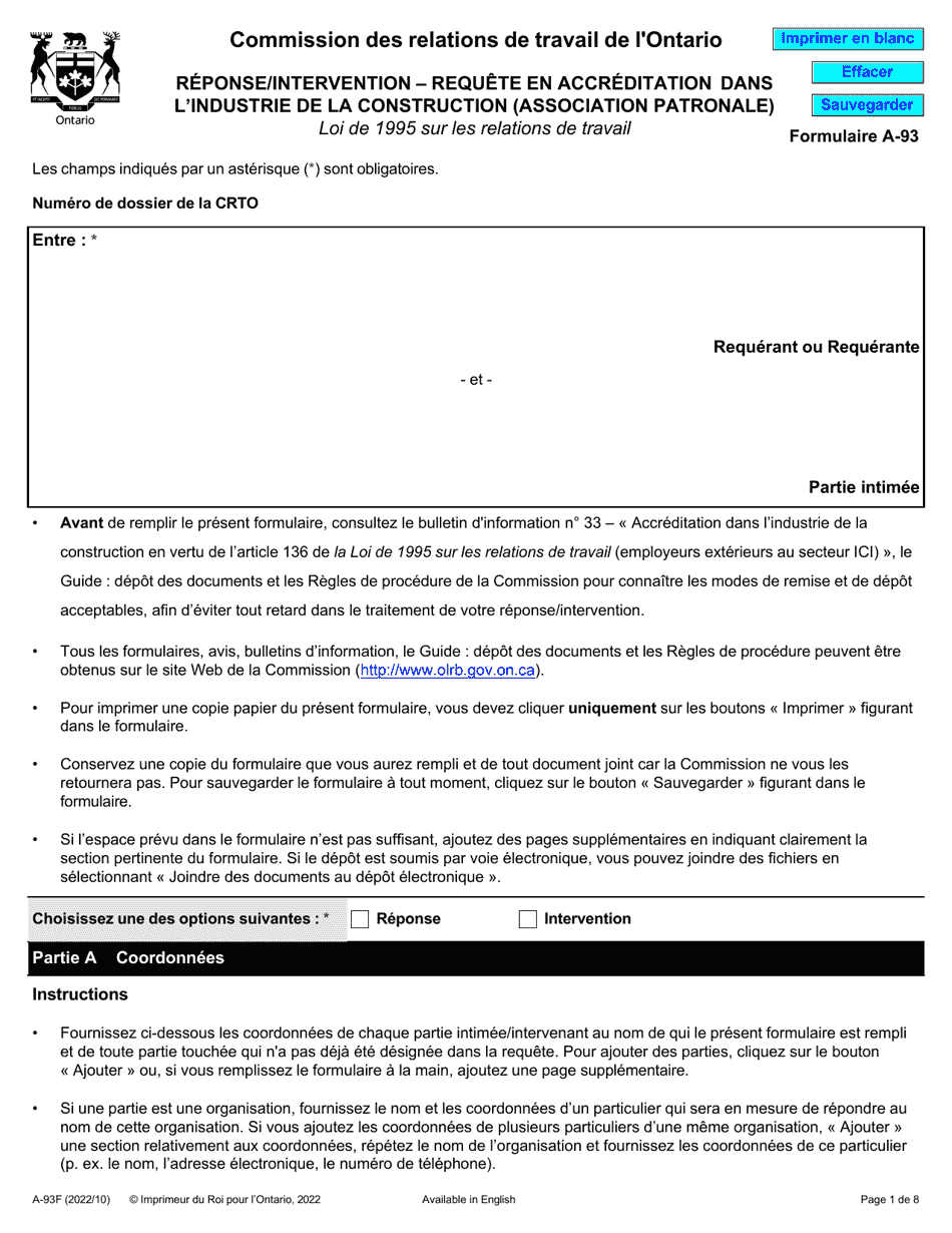 Forme A-93 Reponse / Intervention - Requete En Accreditation Dans Lindustrie De La Construction (Association Patronale) - Ontario, Canada (French), Page 1