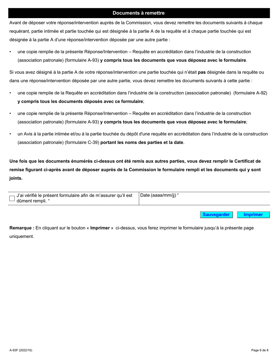 Forme A-93 Reponse / Intervention - Requete En Accreditation Dans Lindustrie De La Construction (Association Patronale) - Ontario, Canada (French), Page 6