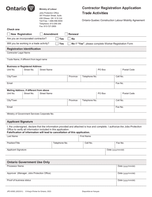 Form JPO-003E Contractor Registration Application Trade Activities - Ontario, Canada