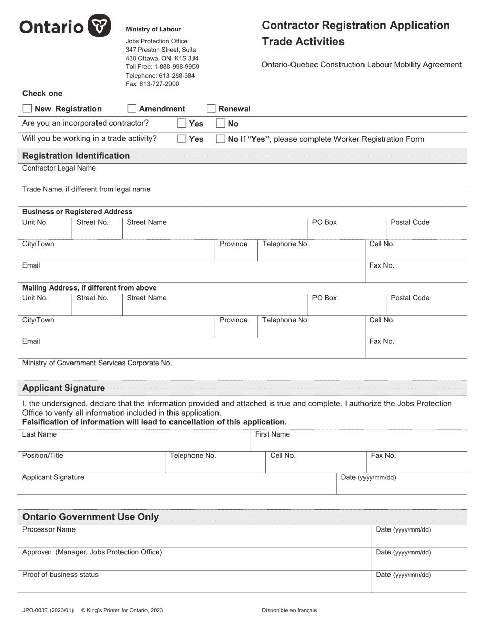 Form JPO-003E Contractor Registration Application Trade Activities - Ontario, Canada, Page 1