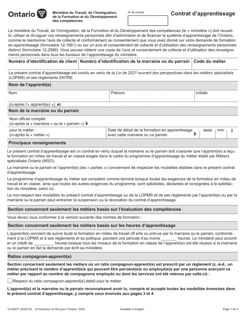 Forme 12-2587F Contrat D'apprentissage - Ontario, Canada (French)