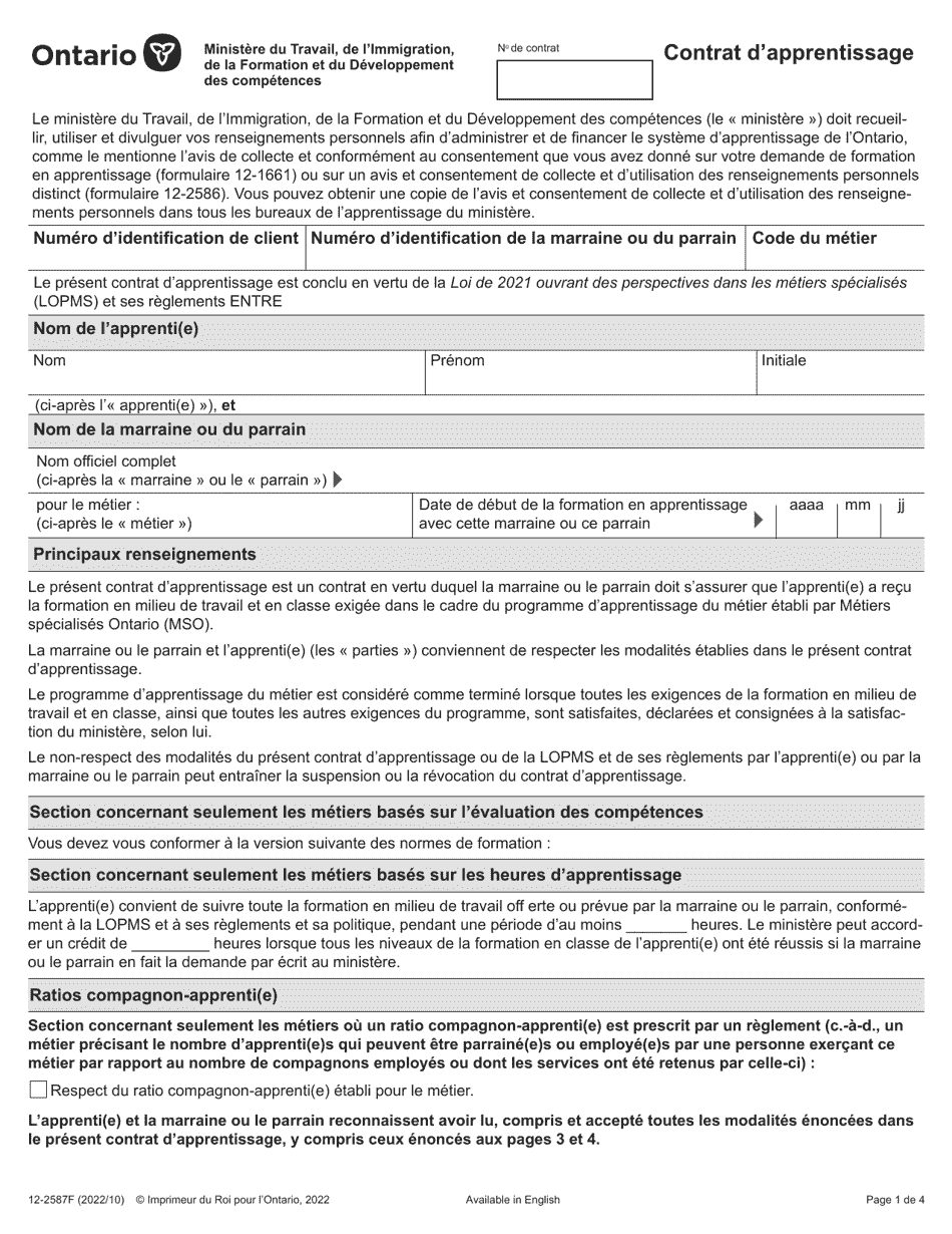 Forme 12-2587F Contrat Dapprentissage - Ontario, Canada (French), Page 1