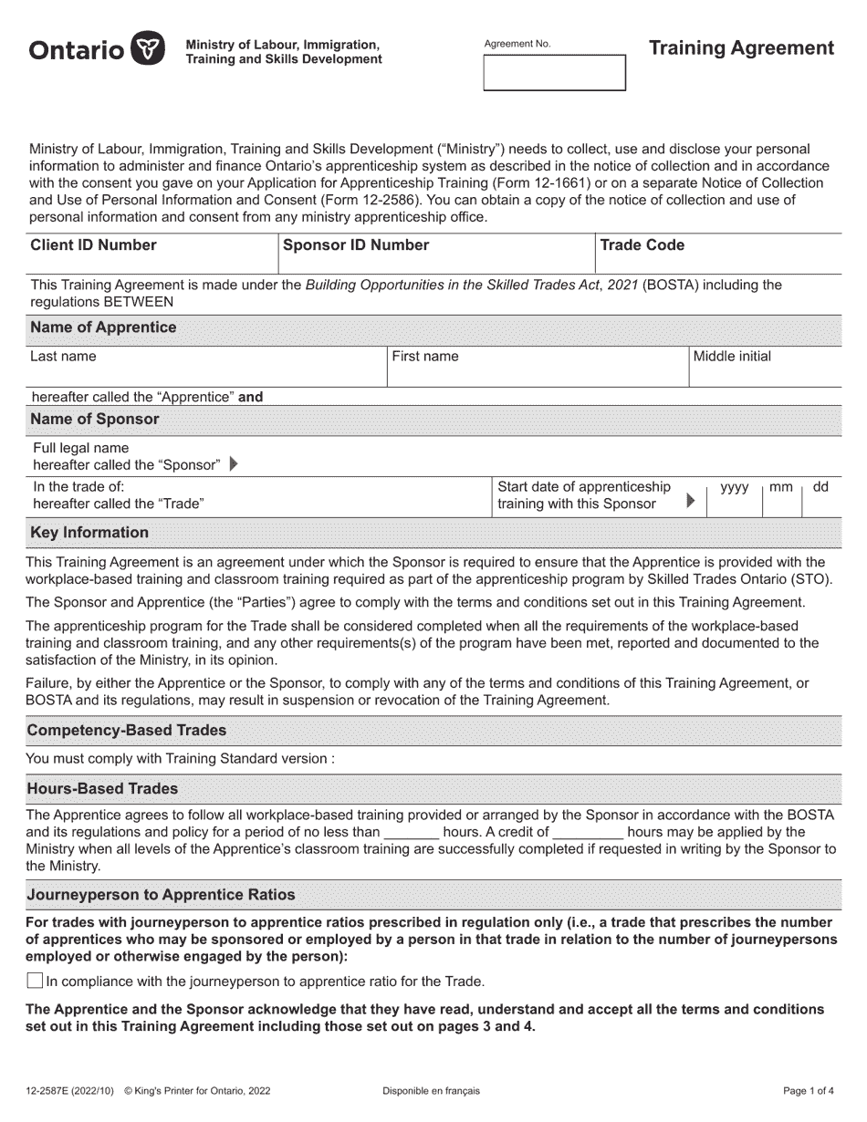 Form 12-2587E Training Agreement - Ontario, Canada, Page 1