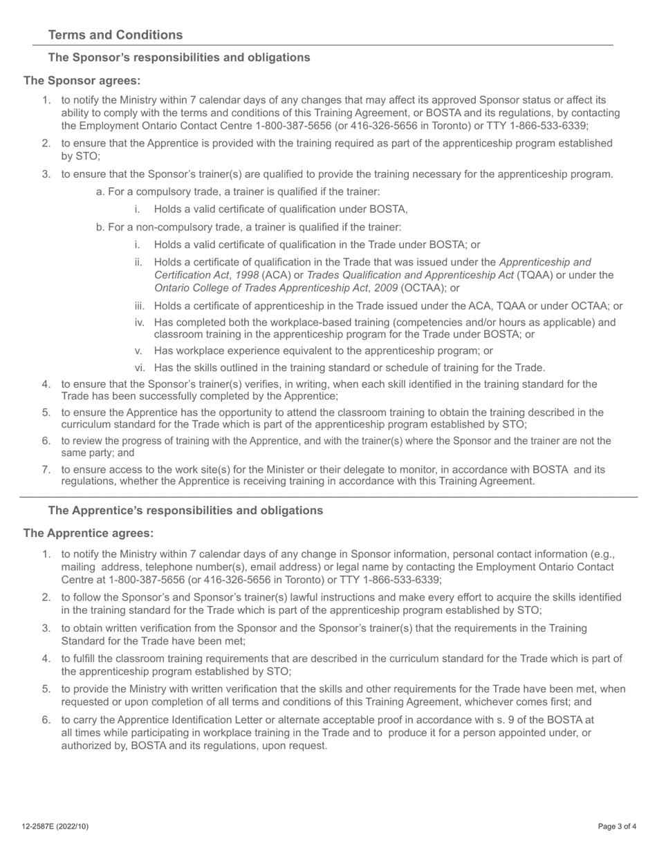 Form 12-2587E Training Agreement - Ontario, Canada, Page 3
