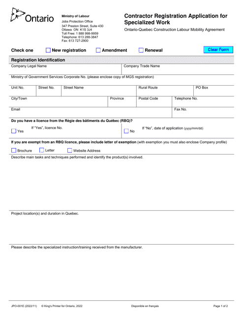 Form JPO-001E Contractor Registration Application for Specialized Work - Ontario, Canada