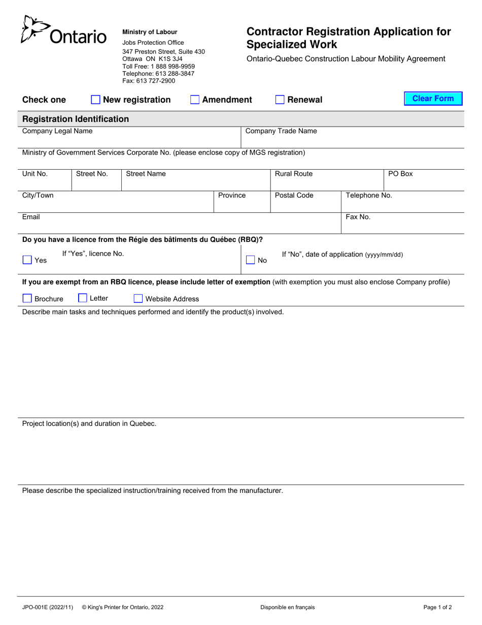 Form JPO-001E Contractor Registration Application for Specialized Work - Ontario, Canada, Page 1