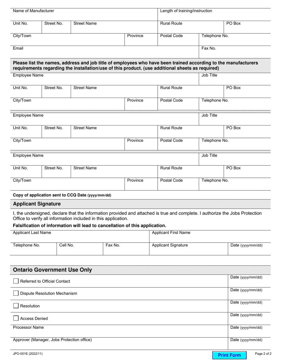 Form JPO-001E Contractor Registration Application for Specialized Work - Ontario, Canada, Page 2