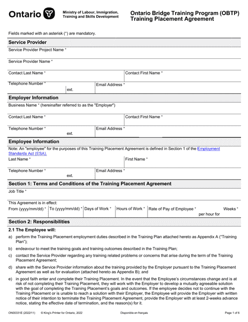Form ON00331E Training Placement Agreement - Ontario Bridge Training Program (Obtp) - Ontario, Canada
