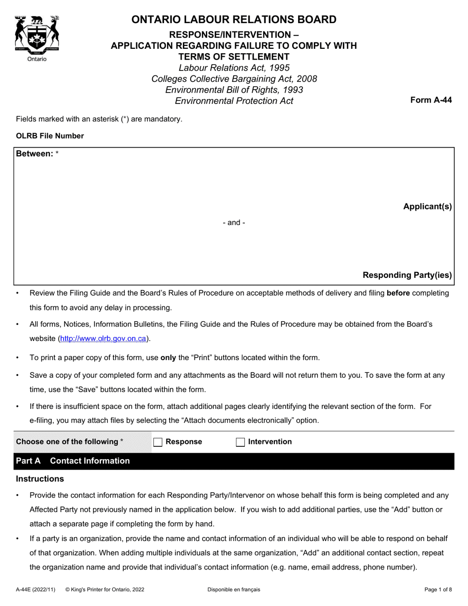 Form A-44 Response / Intervention - Application Regarding Failure to Comply With Terms of Settlement - Ontario, Canada, Page 1