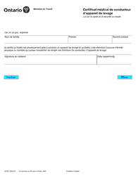 Document preview: Forme 0275F Certificat Medical De Conducteur D'appareil De Levage - Ontario, Canada (French)