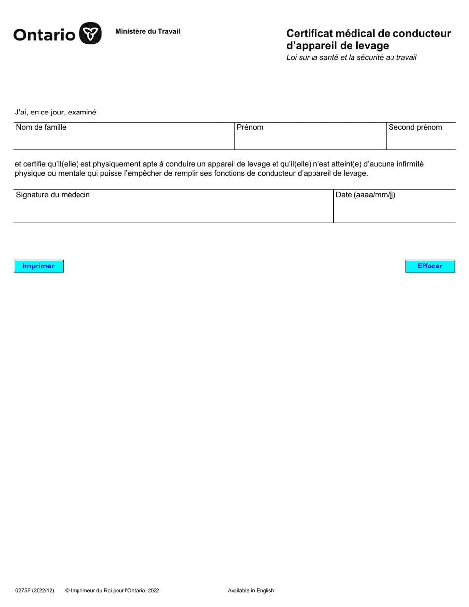 Forme 0275F Certificat Medical De Conducteur Dappareil De Levage - Ontario, Canada (French), Page 1