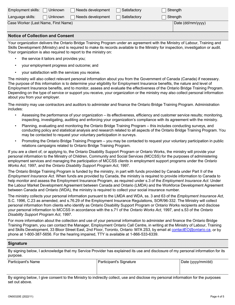 Form ON00320E Ontario Bridge Training Program Participant Registration - Ontario, Canada, Page 4
