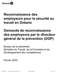 Document preview: Forme 2027F Reconnaissance DES Employeurs Pour La Securite Au Travail En Ontario Demande De Reconnaissance DES Employeurs Par Le Directeur General De La Prevention (Dgp) - Ontario, Canada (French)
