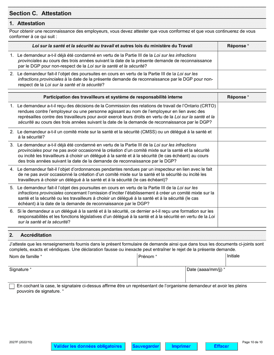 Forme 2027F Reconnaissance DES Employeurs Pour La Securite Au Travail En Ontario Demande De Reconnaissance DES Employeurs Par Le Directeur General De La Prevention (Dgp) - Ontario, Canada (French), Page 10