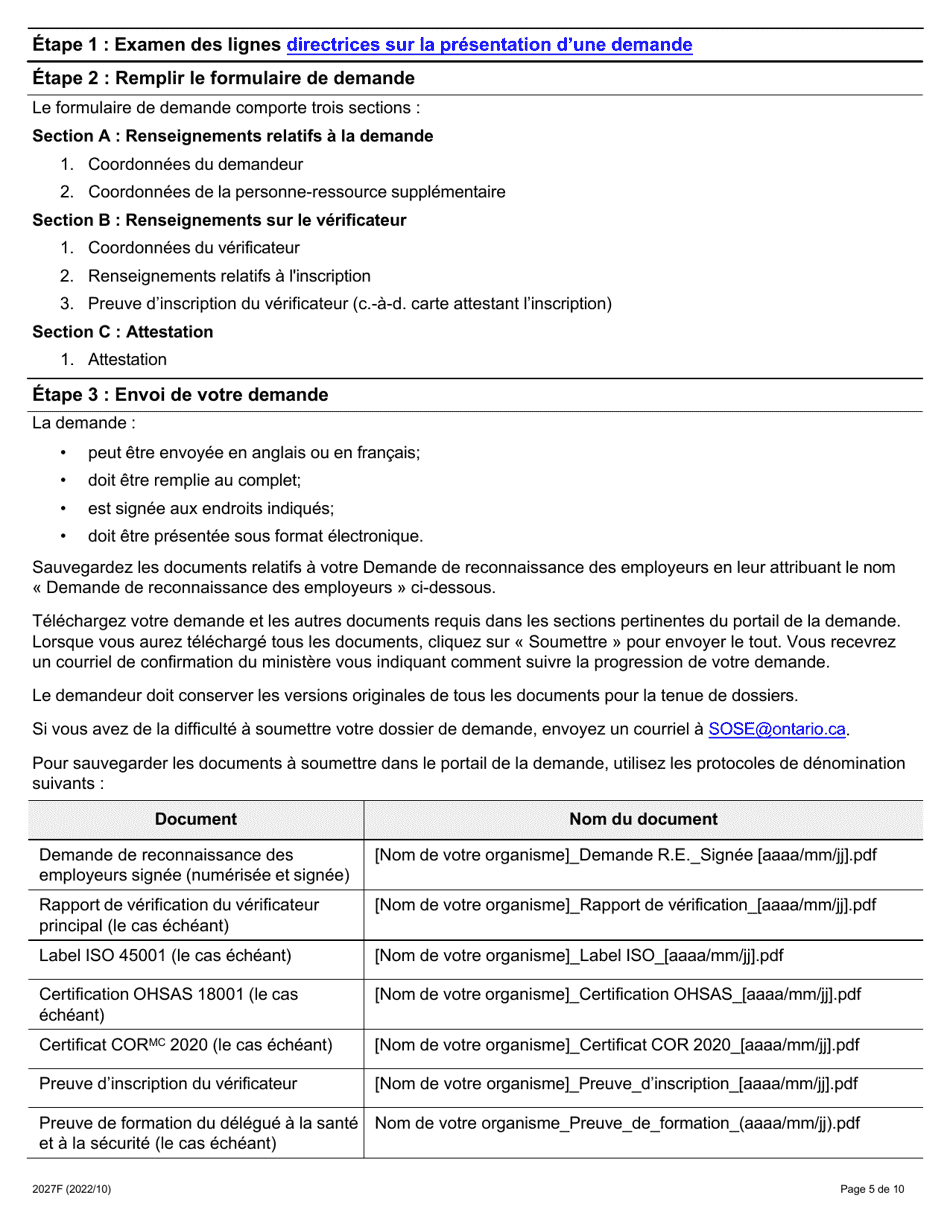 Forme 2027F Reconnaissance DES Employeurs Pour La Securite Au Travail En Ontario Demande De Reconnaissance DES Employeurs Par Le Directeur General De La Prevention (Dgp) - Ontario, Canada (French), Page 5