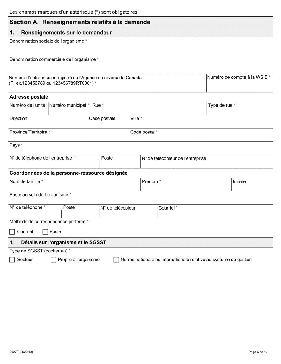 Forme 2027F Reconnaissance DES Employeurs Pour La Securite Au Travail En Ontario Demande De Reconnaissance DES Employeurs Par Le Directeur General De La Prevention (Dgp) - Ontario, Canada (French), Page 6