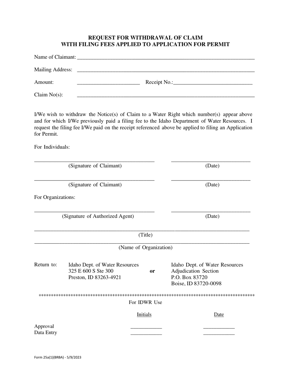 Form 25A(1)(BRBA) Request for Withdrawal of Claim With Filing Fees Applied to Application for Permit - Bear River Basin Adjudication (Brba) - Idaho, Page 1