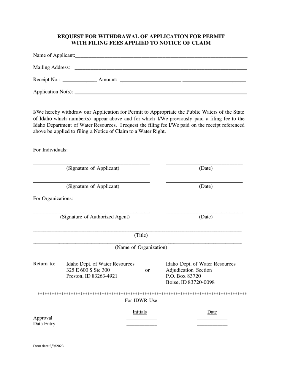 Request for Withdrawal of Application for Permit With Filing Fees Applied to Notice of Claim - Idaho, Page 1