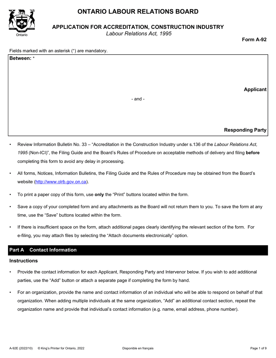 Form A-92 Application for Accreditation, Construction Industry - Ontario, Canada, Page 1