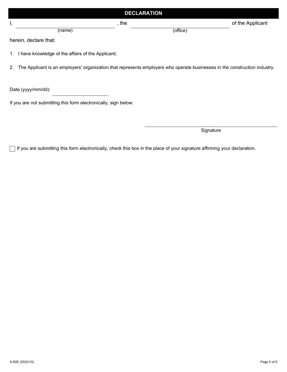 Form A-92 Application for Accreditation, Construction Industry - Ontario, Canada, Page 5