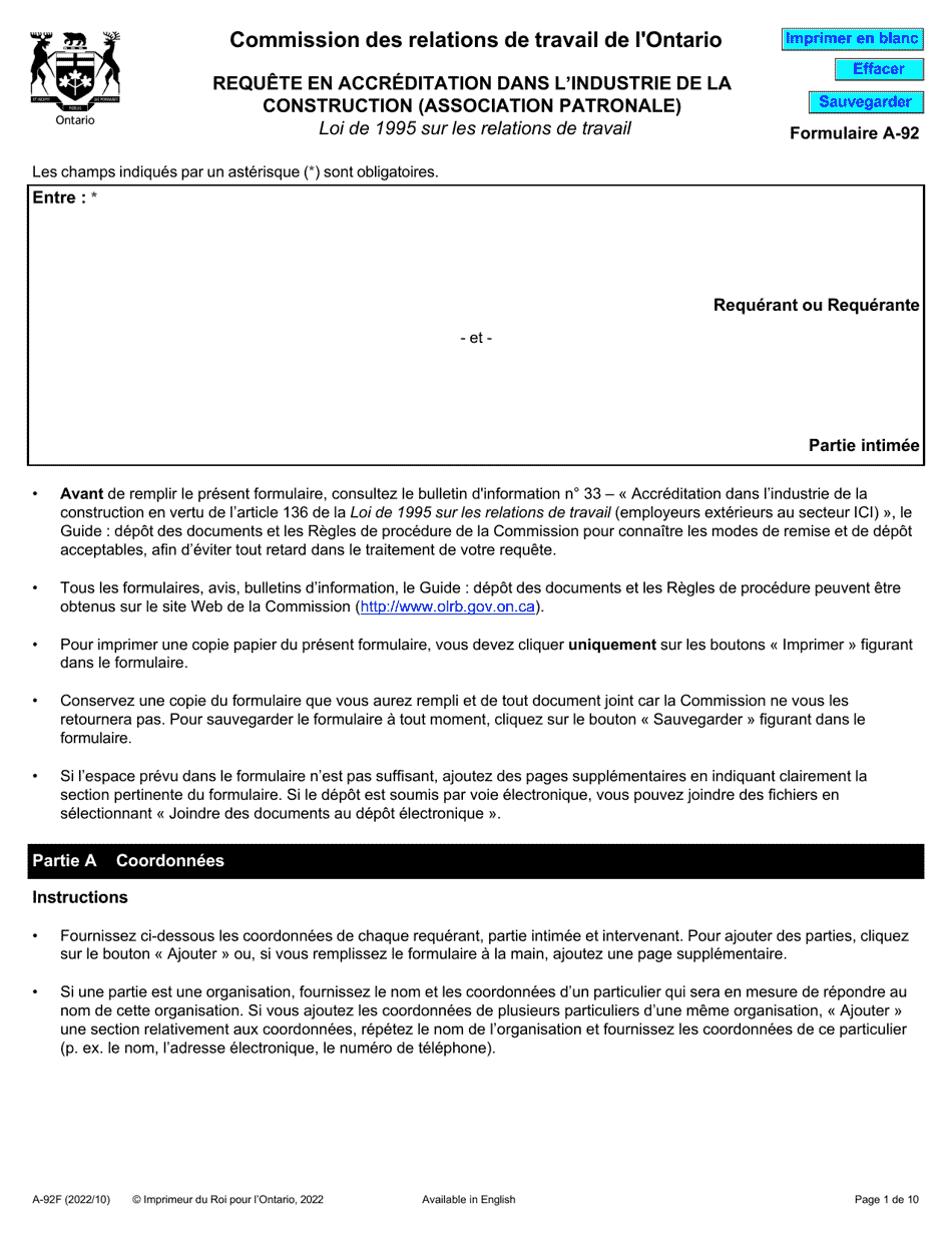 Forme A-92 Requete En Accreditation Dans Lindustrie De La Construction (Association Patronale) - Ontario, Canada (French), Page 1