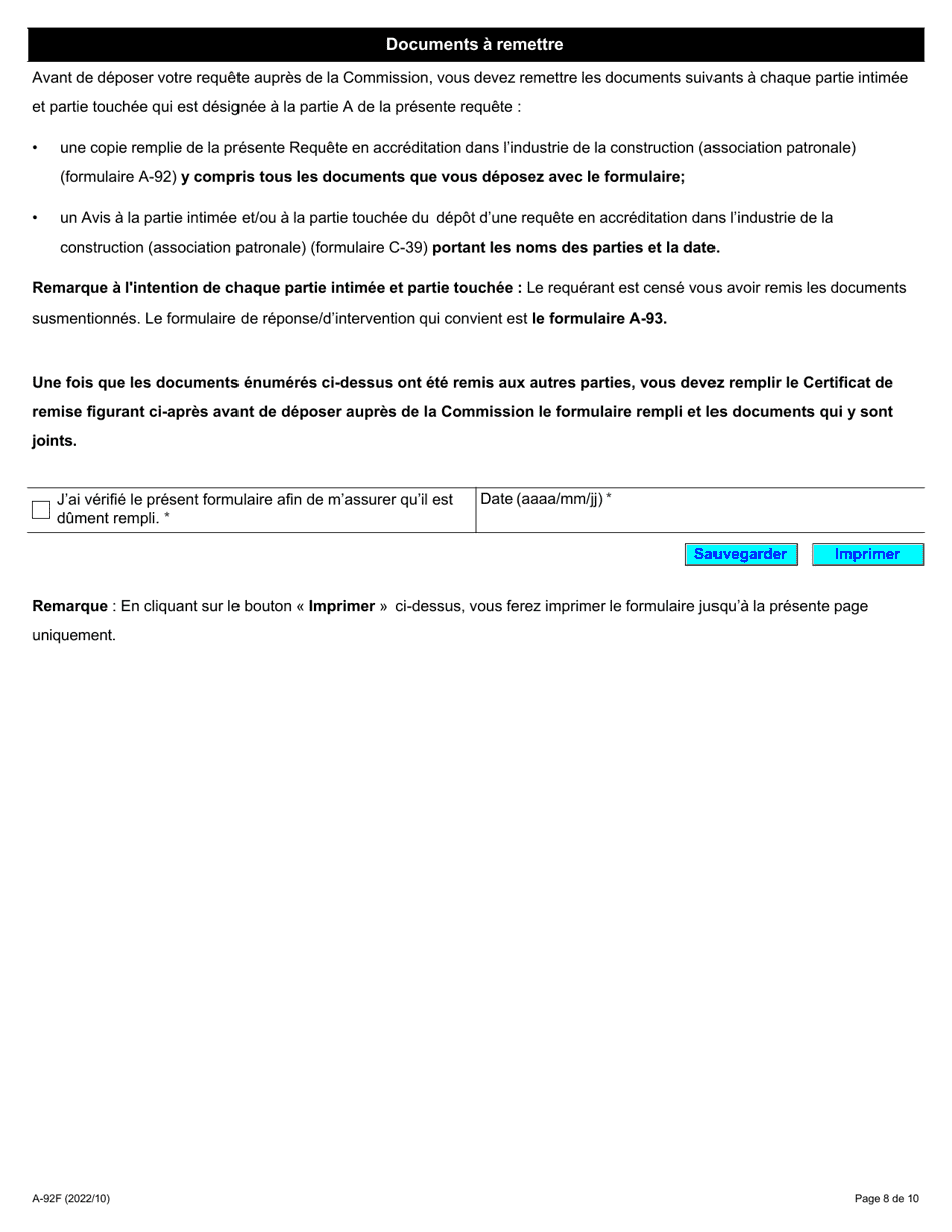 Forme A-92 Requete En Accreditation Dans Lindustrie De La Construction (Association Patronale) - Ontario, Canada (French), Page 8