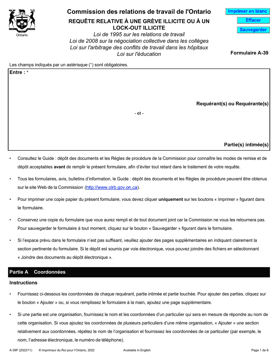 Forme A-39 Requete Relative a Une Greve Illicite Ou a Un Lock-Out Illicite - Ontario, Canada (French), Page 1