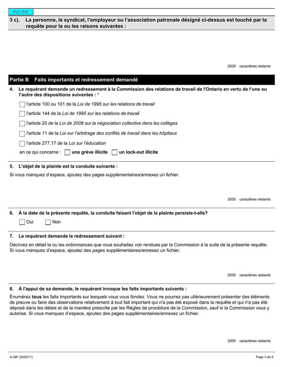 Forme A-39 Requete Relative a Une Greve Illicite Ou a Un Lock-Out Illicite - Ontario, Canada (French), Page 3