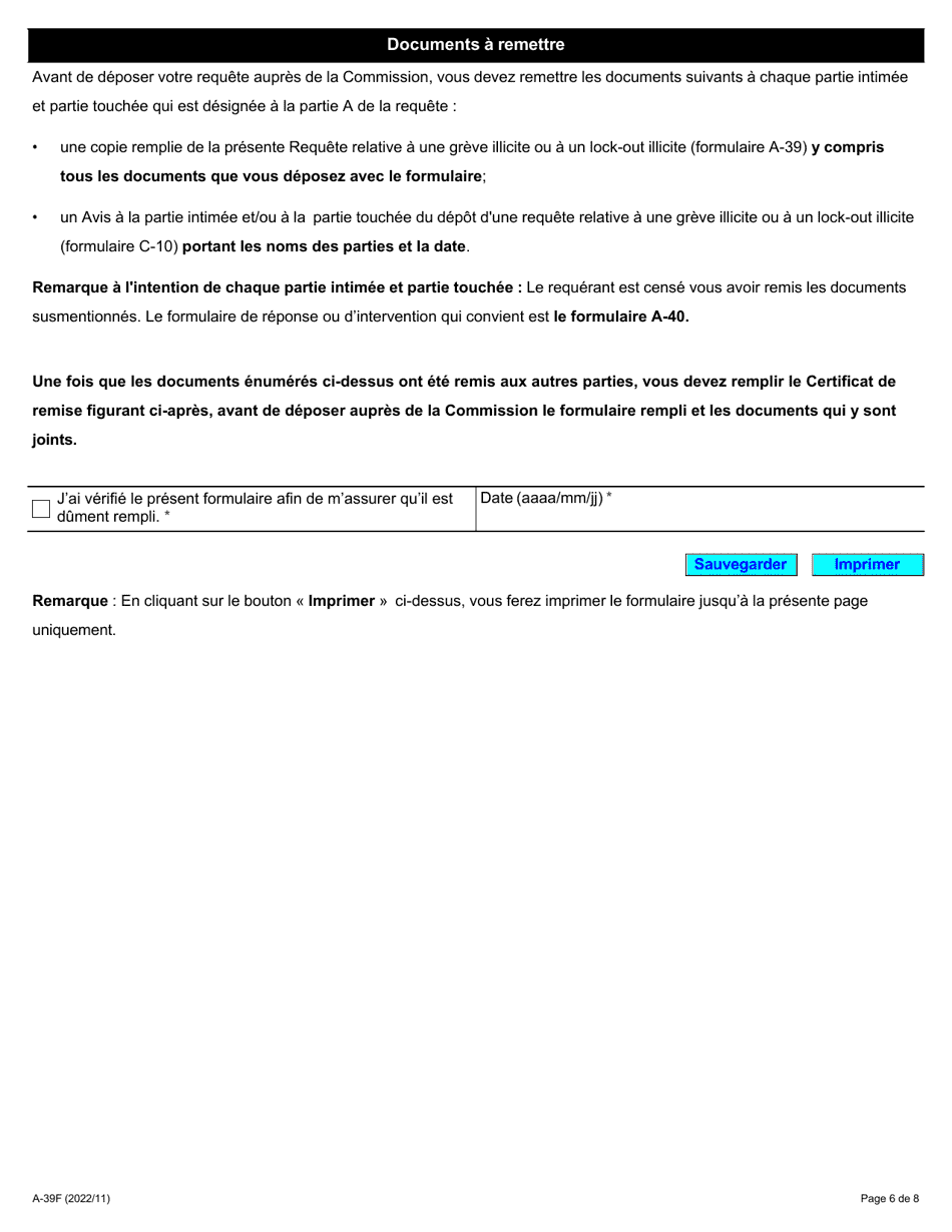 Forme A-39 Requete Relative a Une Greve Illicite Ou a Un Lock-Out Illicite - Ontario, Canada (French), Page 6