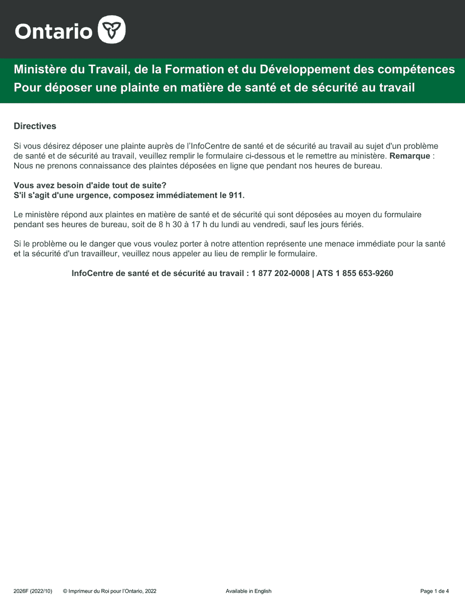 Forme 2026F Pour Deposer Une Plainte En Matiere De Sante Et De Securite Au Travail - Ontario, Canada (French), Page 1
