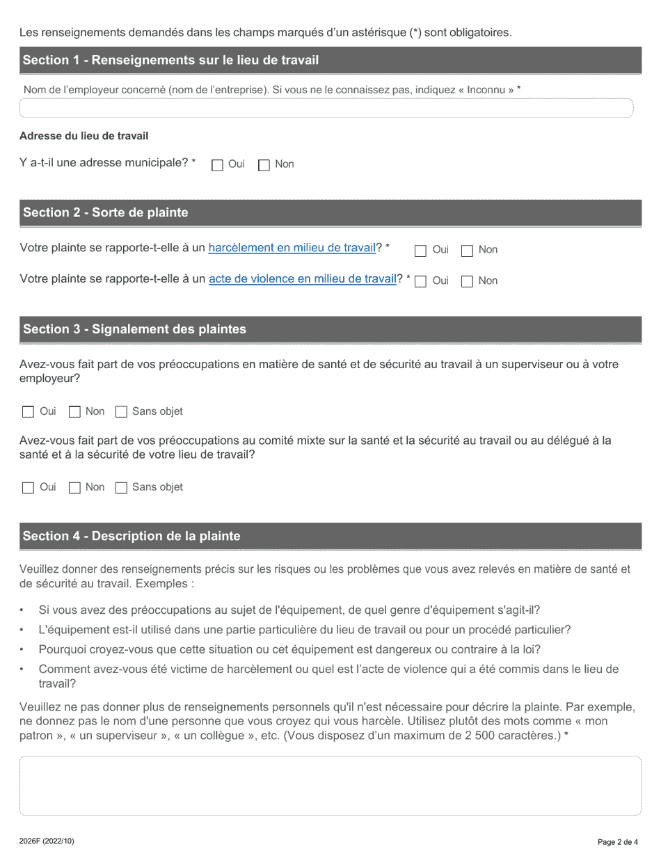 Forme 2026F Pour Deposer Une Plainte En Matiere De Sante Et De Securite Au Travail - Ontario, Canada (French), Page 2