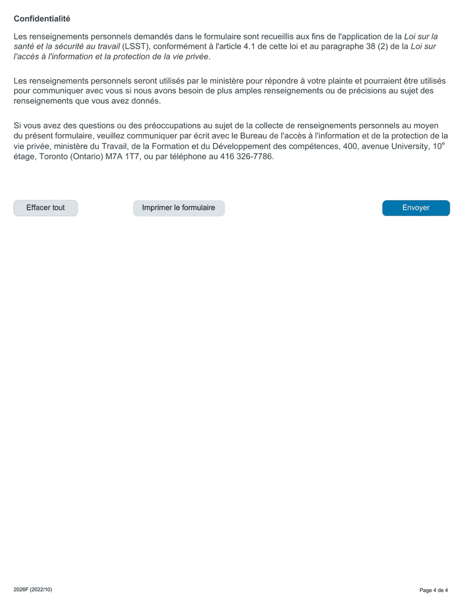 Forme 2026F Pour Deposer Une Plainte En Matiere De Sante Et De Securite Au Travail - Ontario, Canada (French), Page 4
