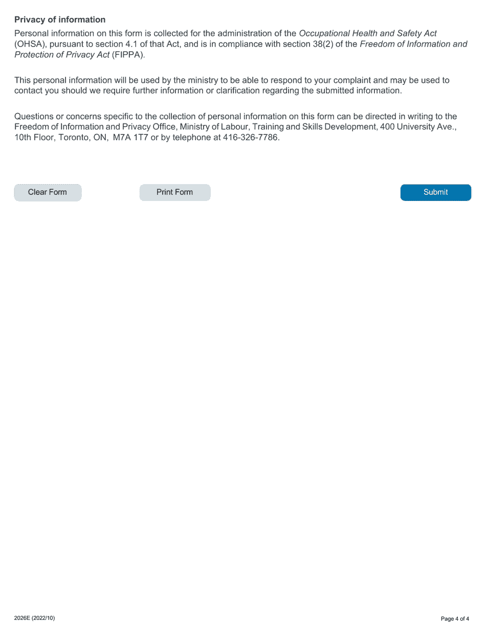 Form 2026E File a Workplace Health and Safety Complaint - Ontario, Canada, Page 4