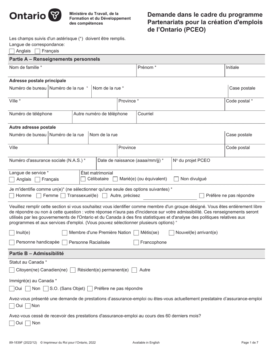 Forme 89-1839F Demande Dans Le Cadre Du Programme Partenariats Pour La Creation Demplois De Lontario (Pceo) - Ontario, Canada (French), Page 1