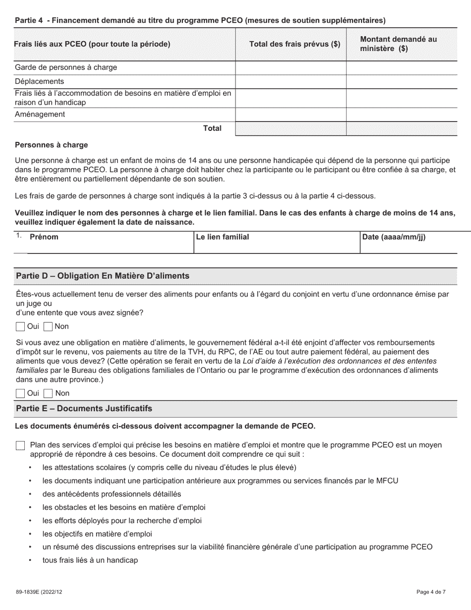 Forme 89-1839F Demande Dans Le Cadre Du Programme Partenariats Pour La Creation Demplois De Lontario (Pceo) - Ontario, Canada (French), Page 4