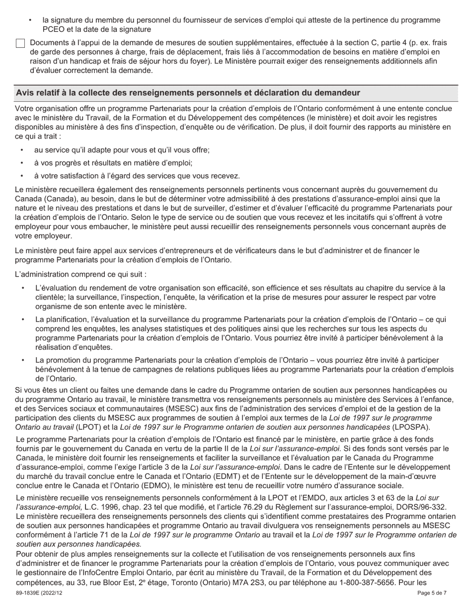 Forme 89-1839F Demande Dans Le Cadre Du Programme Partenariats Pour La Creation Demplois De Lontario (Pceo) - Ontario, Canada (French), Page 5