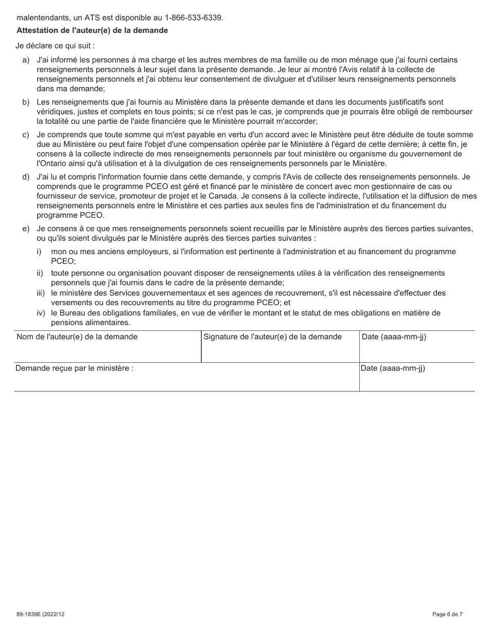 Forme 89-1839F Demande Dans Le Cadre Du Programme Partenariats Pour La Creation Demplois De Lontario (Pceo) - Ontario, Canada (French), Page 6